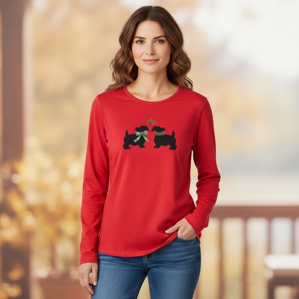 Red Long Sleeve‎ Top Two Scottie Dogs Mistletoe Holiday L Y2K Karen Scott
